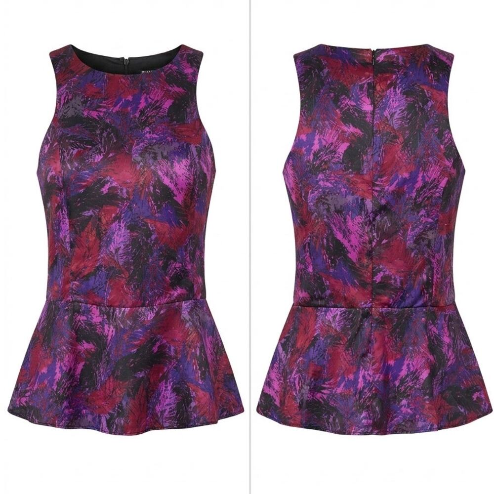 Express Purple Pink Abstract Floral Sleeveless Peplum Blouse Women Size M